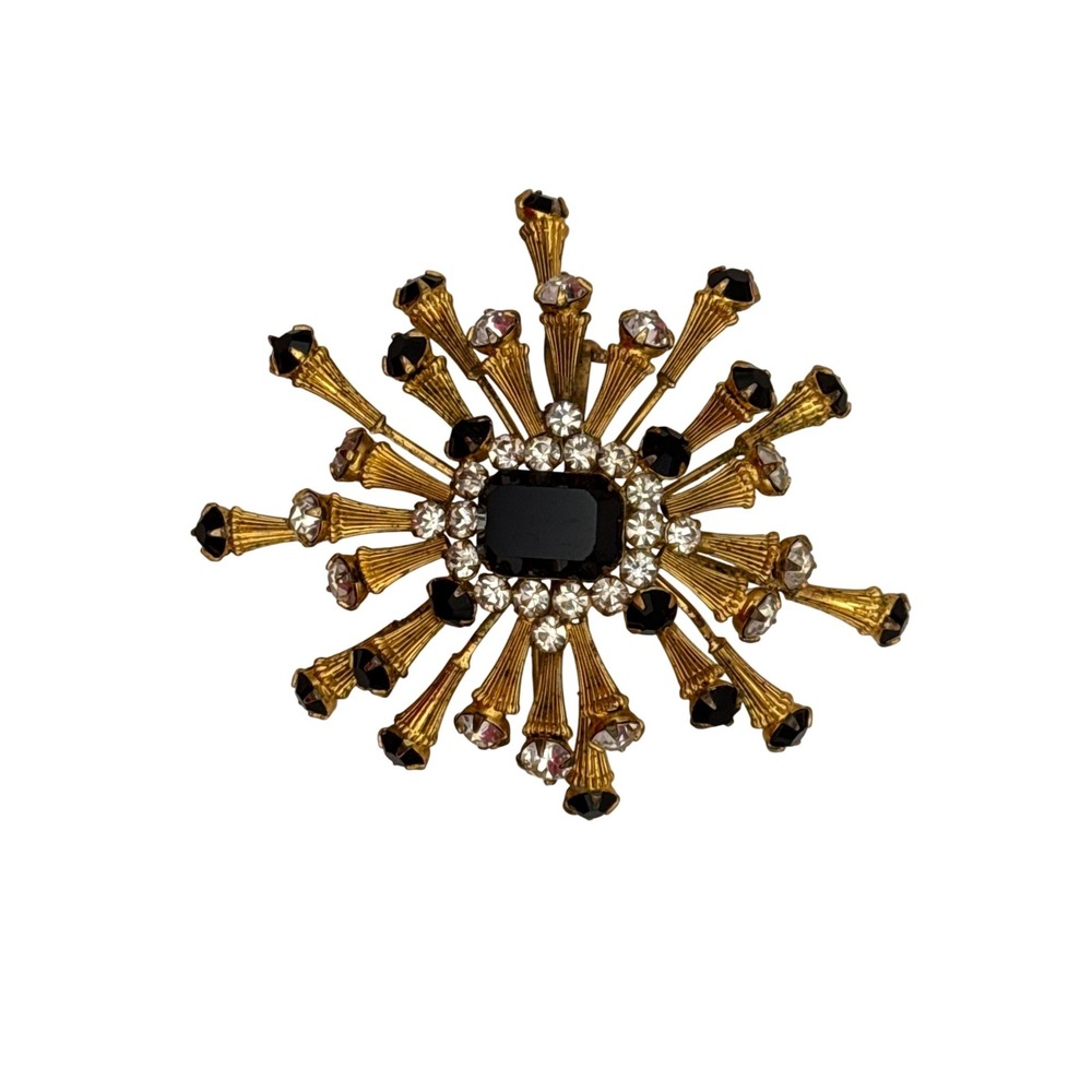Mimi di‎ N Brooch Womens Gold Black Clear Sunburst Rhinestone Starburst Vintage